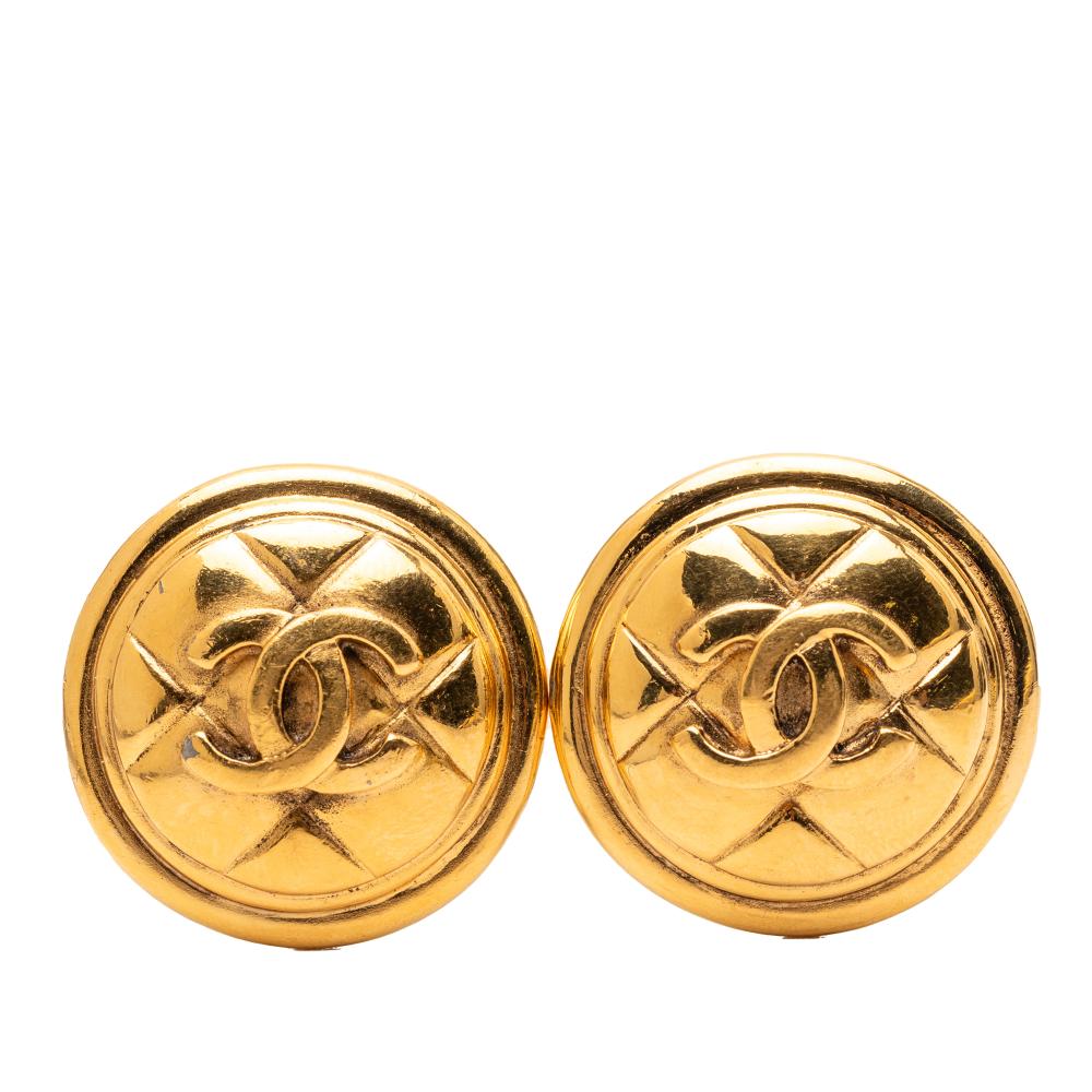 Chanel B Chanel Gold Gold Plated Metal CC Quilted Round Clip On Earrings France