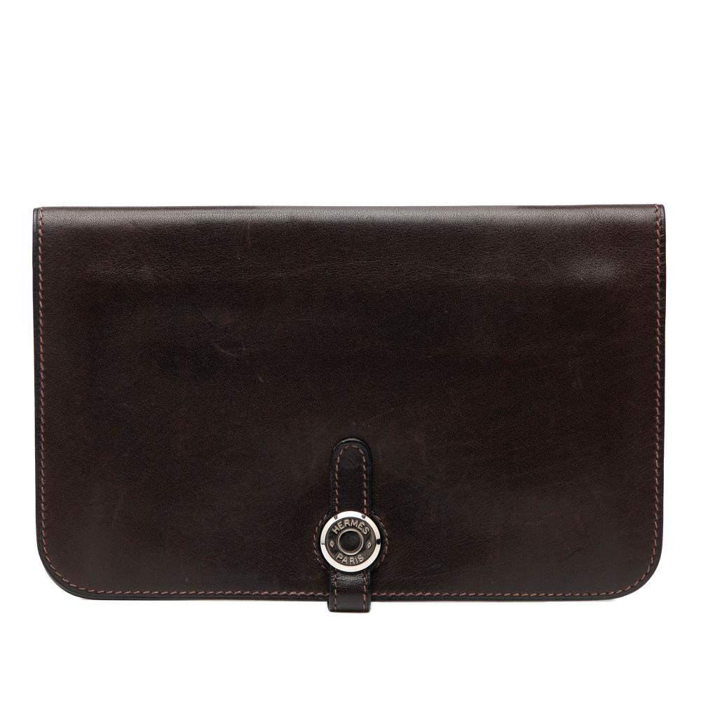 Hermès B Hermès Brown Dark Brown Calf Leather Swift Dogon Duo Wallet GM France