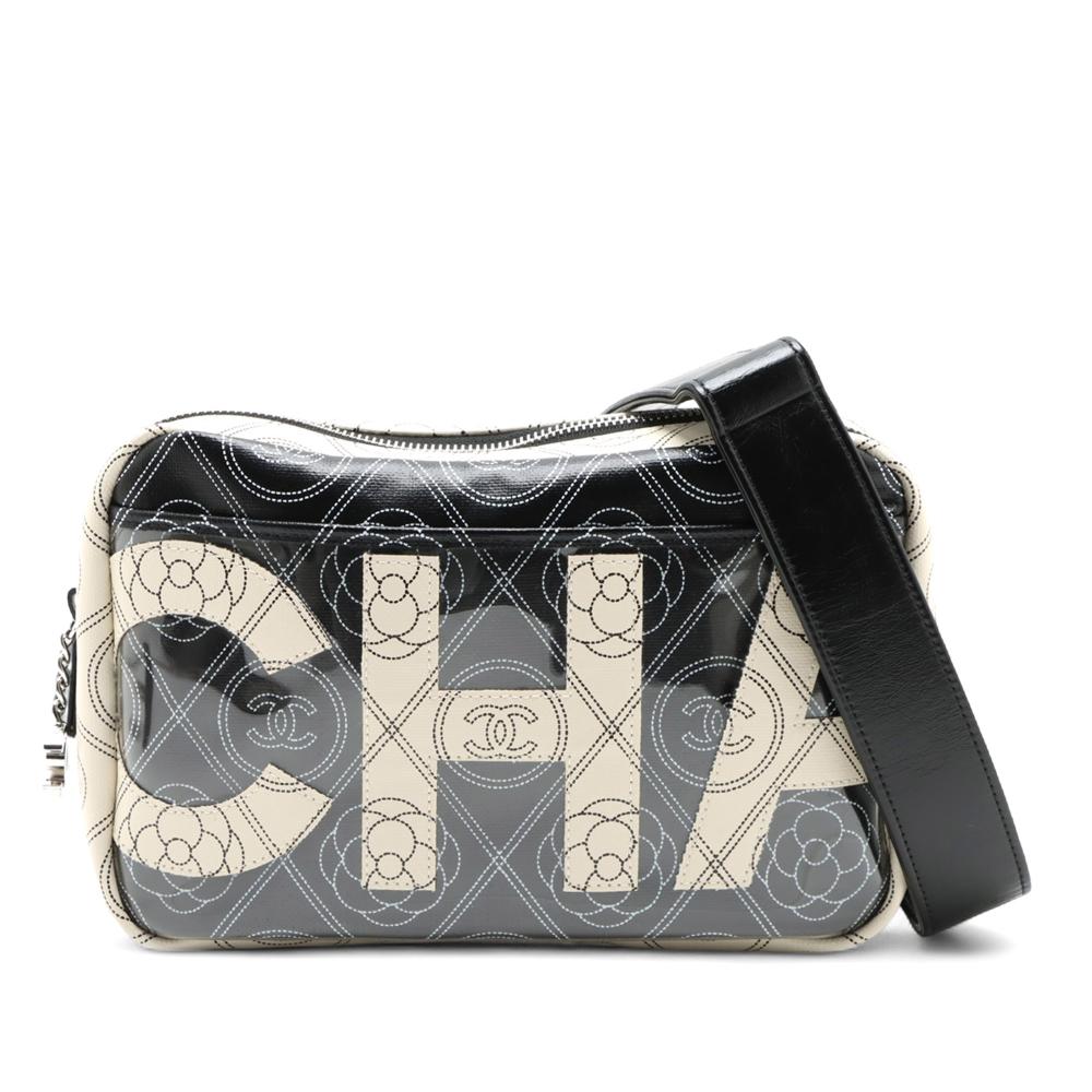 Chanel AB Chanel Black with White Ivory Coated Canvas Fabric Camellia Logo Camera Bag France