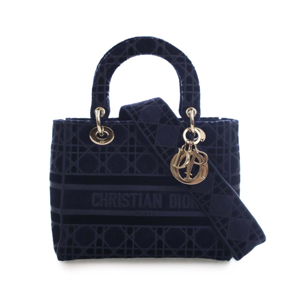 Christian Dior AB Dior Blue Navy Velvet Fabric Medium Cannage Lady D Lite Italy