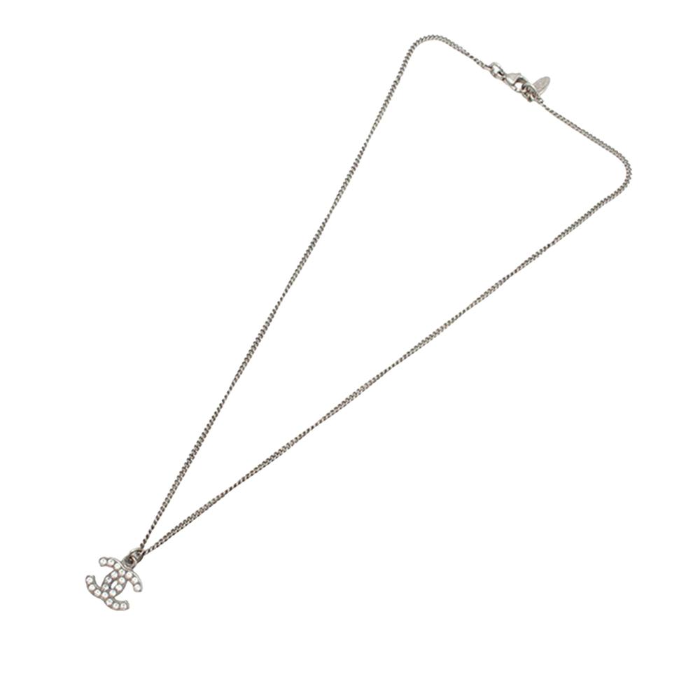 Chanel AB Chanel Silver Silver Plated Metal CC Rhinestone Pendant Necklace France