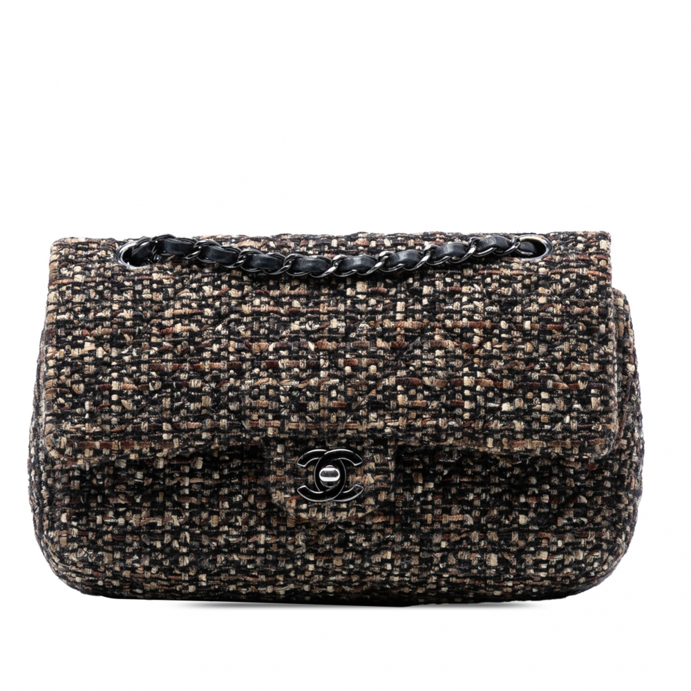 Chanel Classic Double Flap Medium Tweed Shoulder Bag Brown