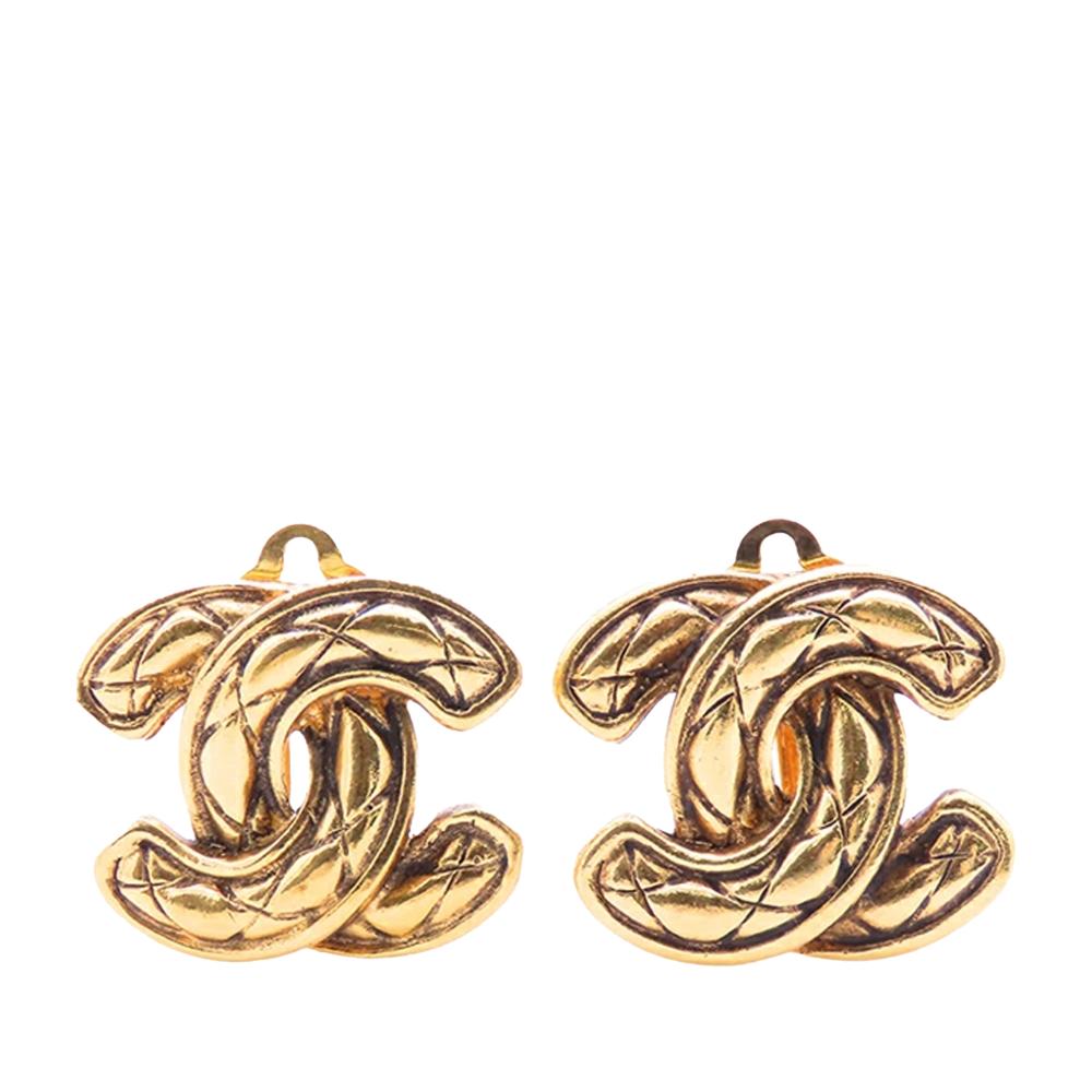 Chanel B Chanel Gold Gold Plated Metal CC Quilted Clip on Earrings France