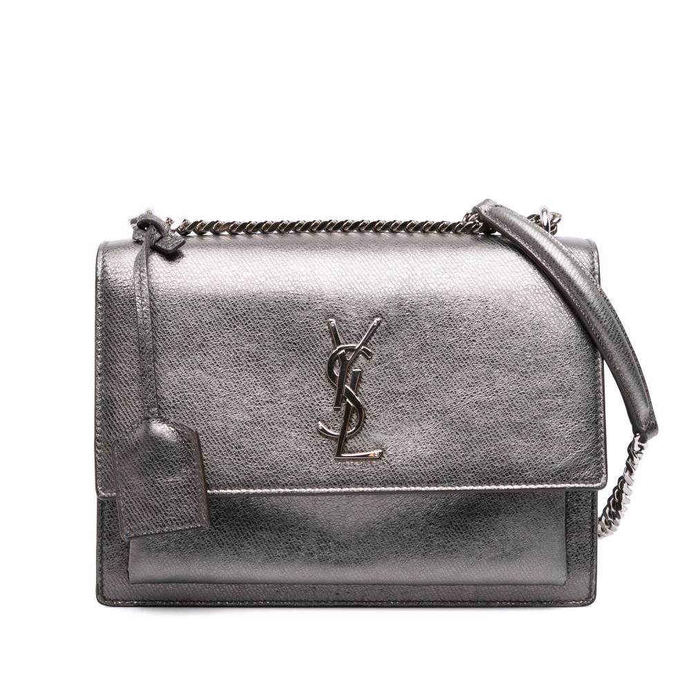 Saint Laurent B Saint Laurent Silver Calf Leather Medium Metallic Monogram Sunset Crossbody Italy