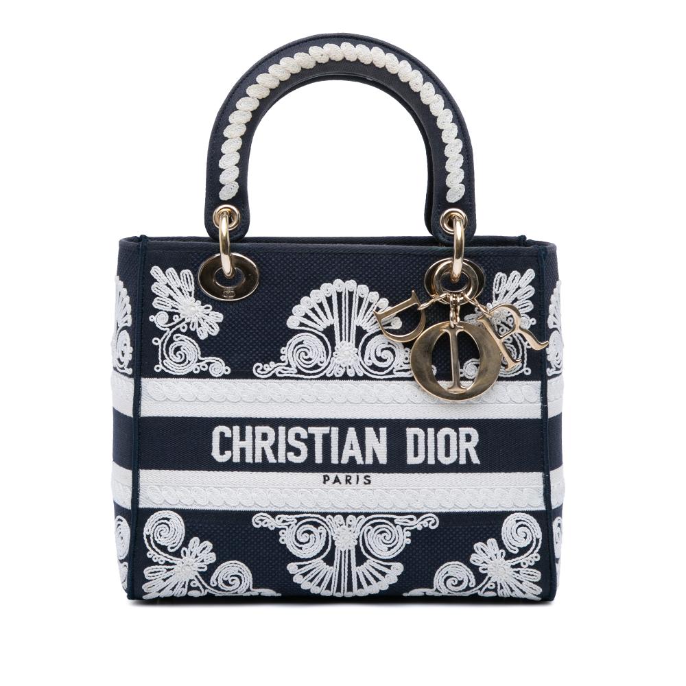 Christian Dior AB Dior Blue Navy Canvas Fabric Medium Embroidered Cornely Lady D Lite Italy