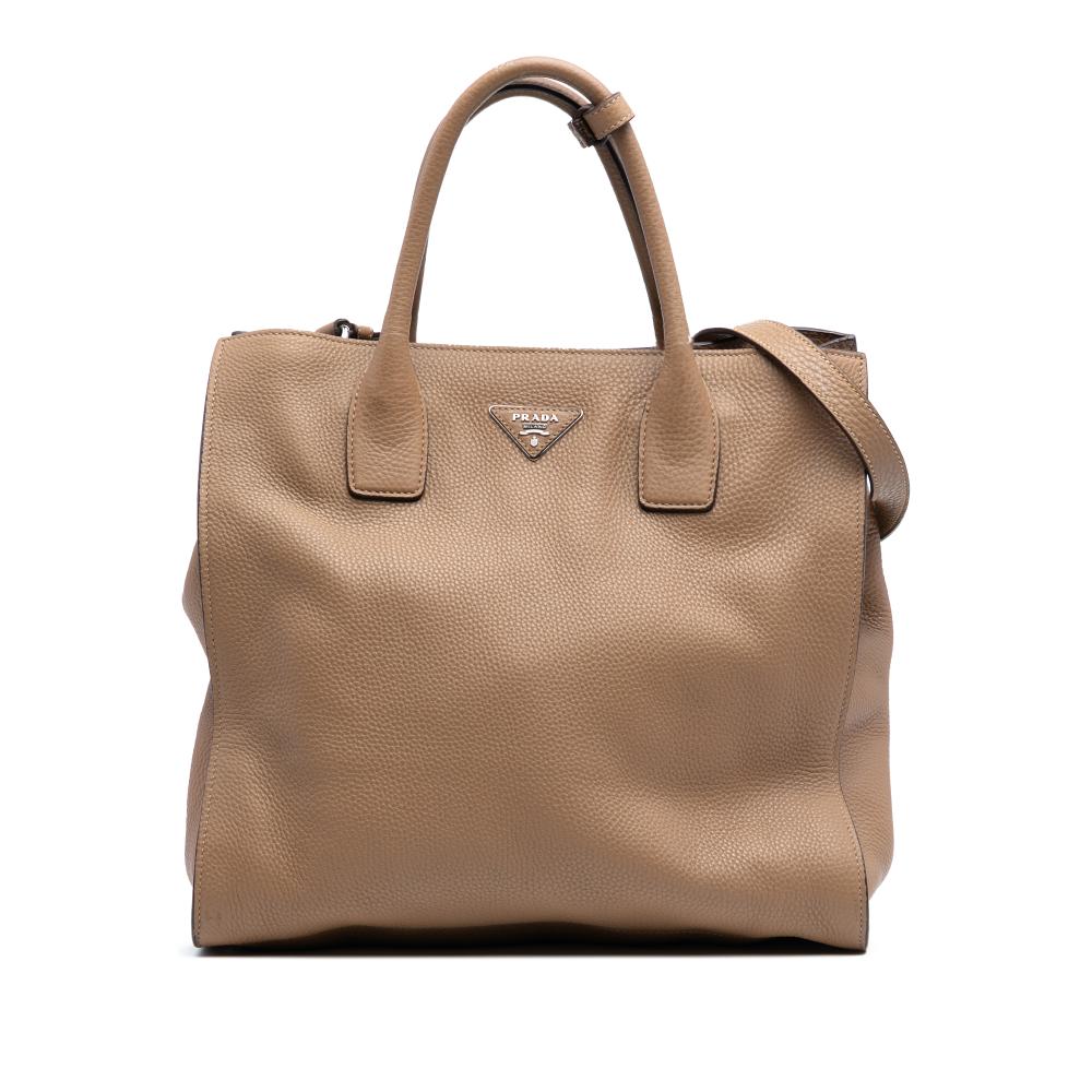 Prada B Prada Brown Camel Calf Leather Vitello Daino Open Convertible Tote Italy