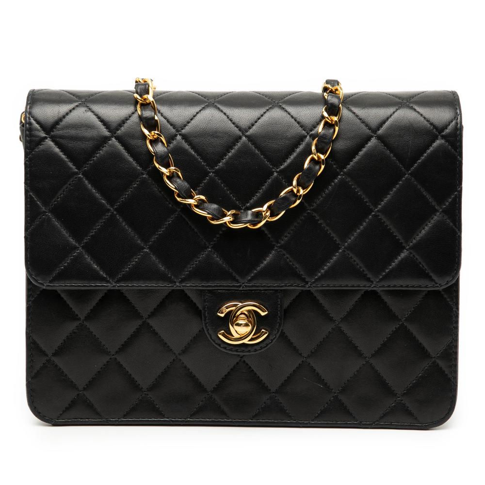 Chanel B Chanel Black Lambskin Leather Leather Small CC Quilted Lambskin Single Flap France