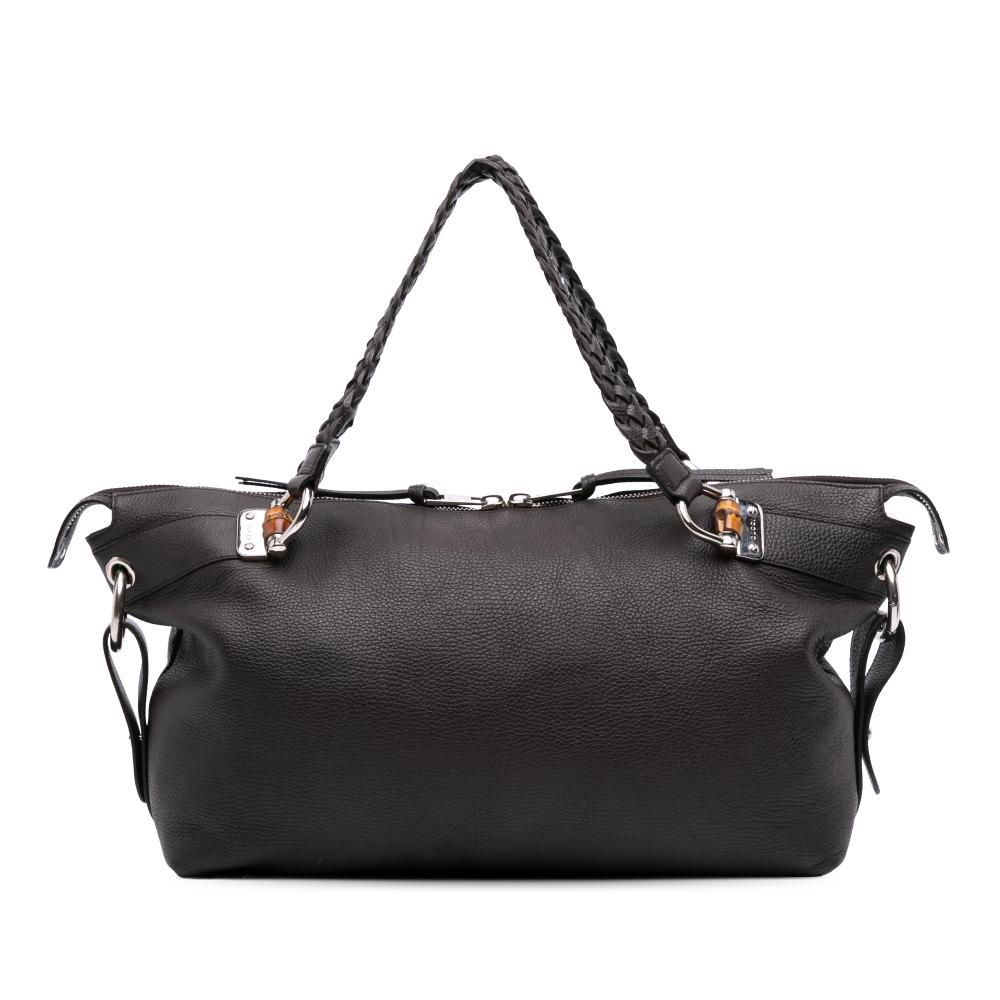 Gucci B Gucci Brown Dark Brown Calf Leather Large Pebbled skin Bamboo Bar Tote Italy