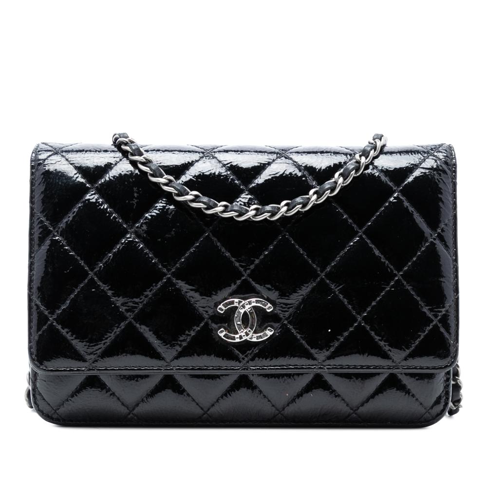 Chanel B Chanel Black Calf Leather CC Quilted Shiny Aged skin Wallet On Chain Italy