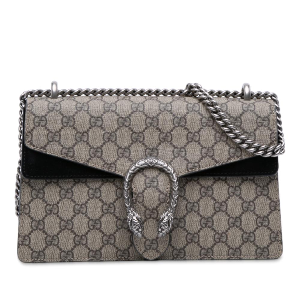 Gucci AB Gucci Brown Beige with Black Coated Canvas Fabric Small GG Supreme Dionysus Shoulder Bag Italy