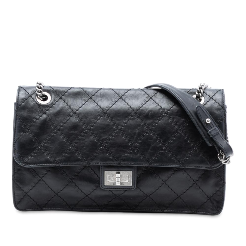 Chanel B Chanel Black Calf Leather Embossed CC Quilted Aged skin Reissue 2.55 Single Flap 227 Italy