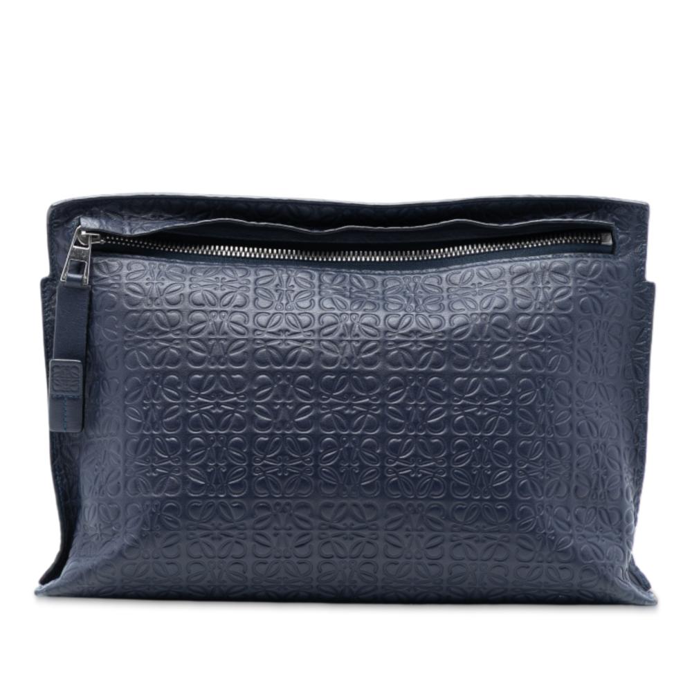 Loewe AB LOEWE Blue Navy Calf Leather Embossed Anagram Repeat T Clutch Spain