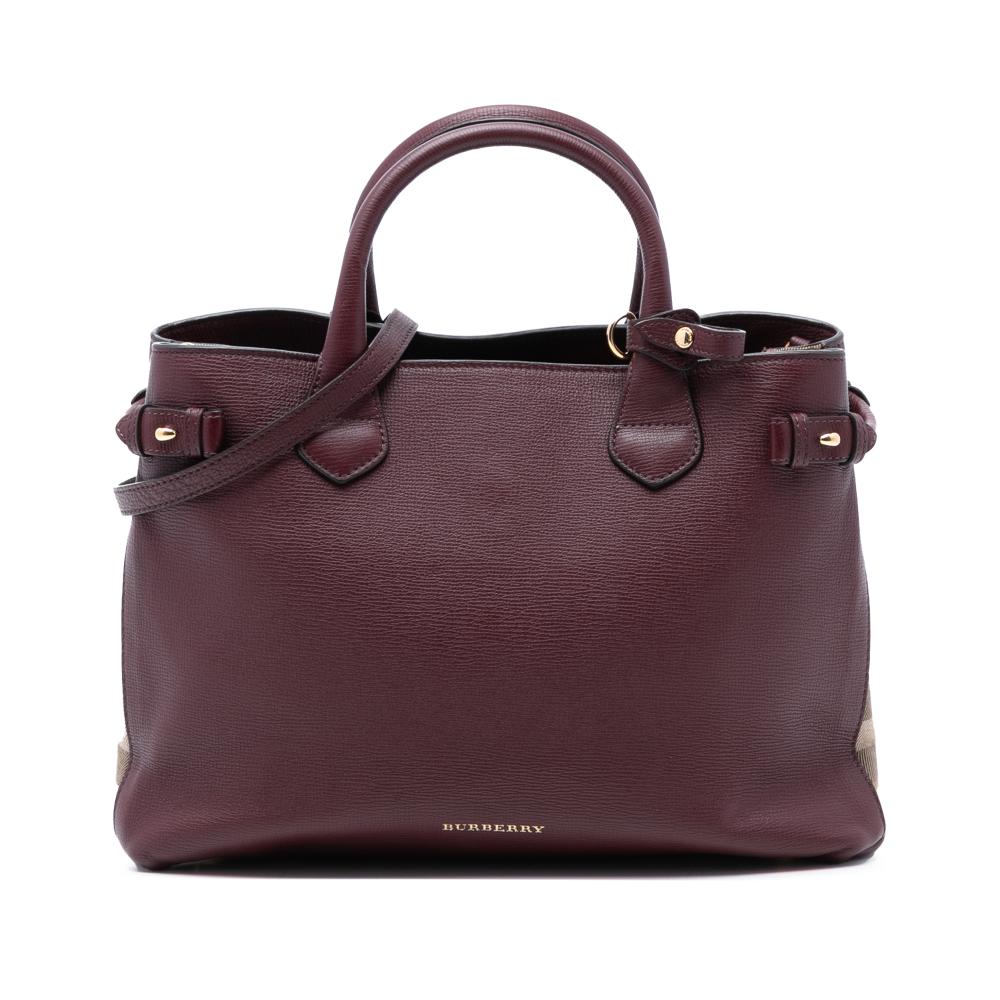 Burberry B Burberry Red Burgundy Calf Leather Medium and House Check Banner Satchel Italy
