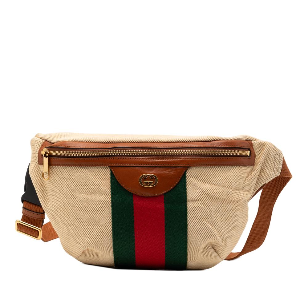 Gucci AB Gucci Brown Beige Canvas Fabric Web Belt Bag Italy