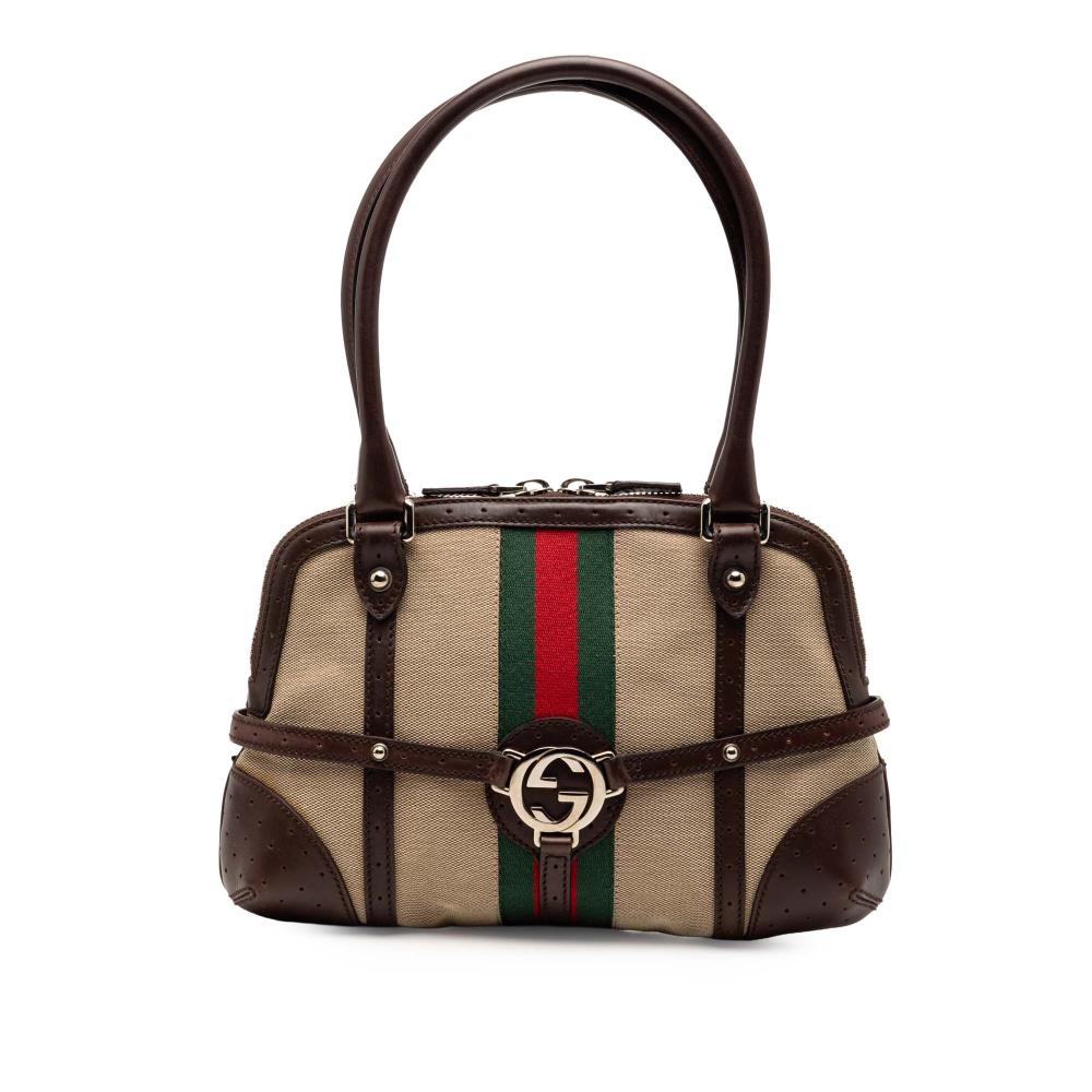 Gucci B Gucci Brown Light Brown Canvas Fabric Web Reins Shoulder Bag Italy