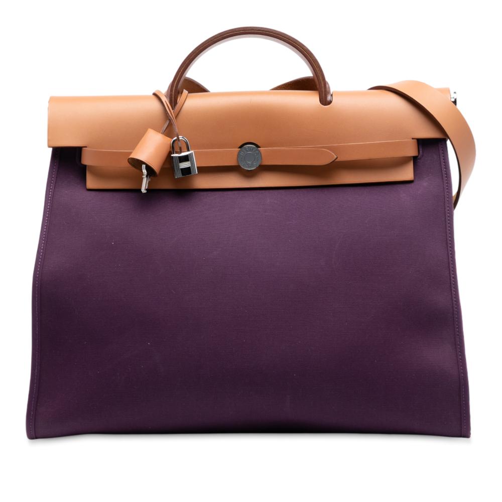 Hermès B Hermès Purple Plum with Brown Canvas Fabric Toile Verso Herbag Zip 39 France