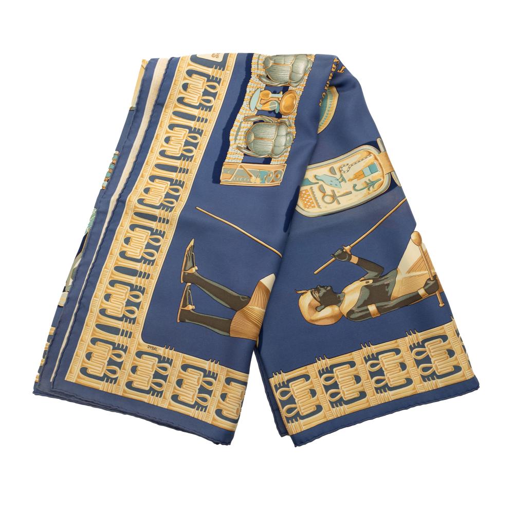 Hermès B Hermès Blue Silk Fabric Tutankhamun Scarf 90 France