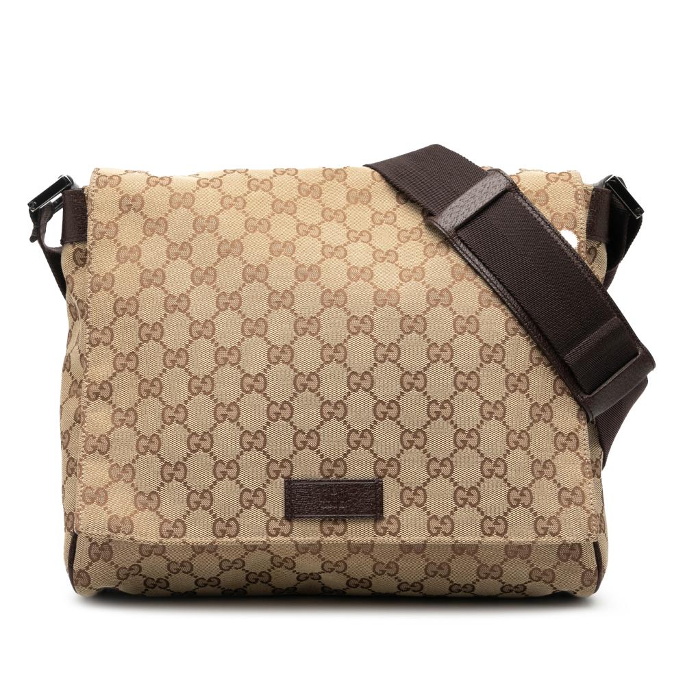 Gucci B Gucci Brown Beige Canvas Fabric GG Messenger Bag Italy