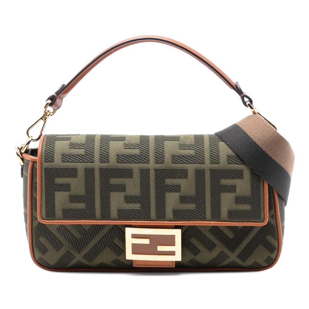 Fendi B Fendi Brown Khaki Canvas Fabric Zucca Embroidered Baguette Satchel Italy