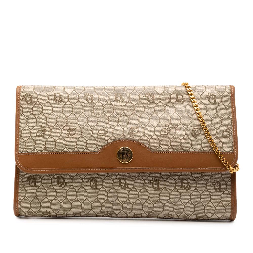 Christian Dior B Dior Brown Beige Coated Canvas Fabric Honeycomb Chain Shoulder Bag France