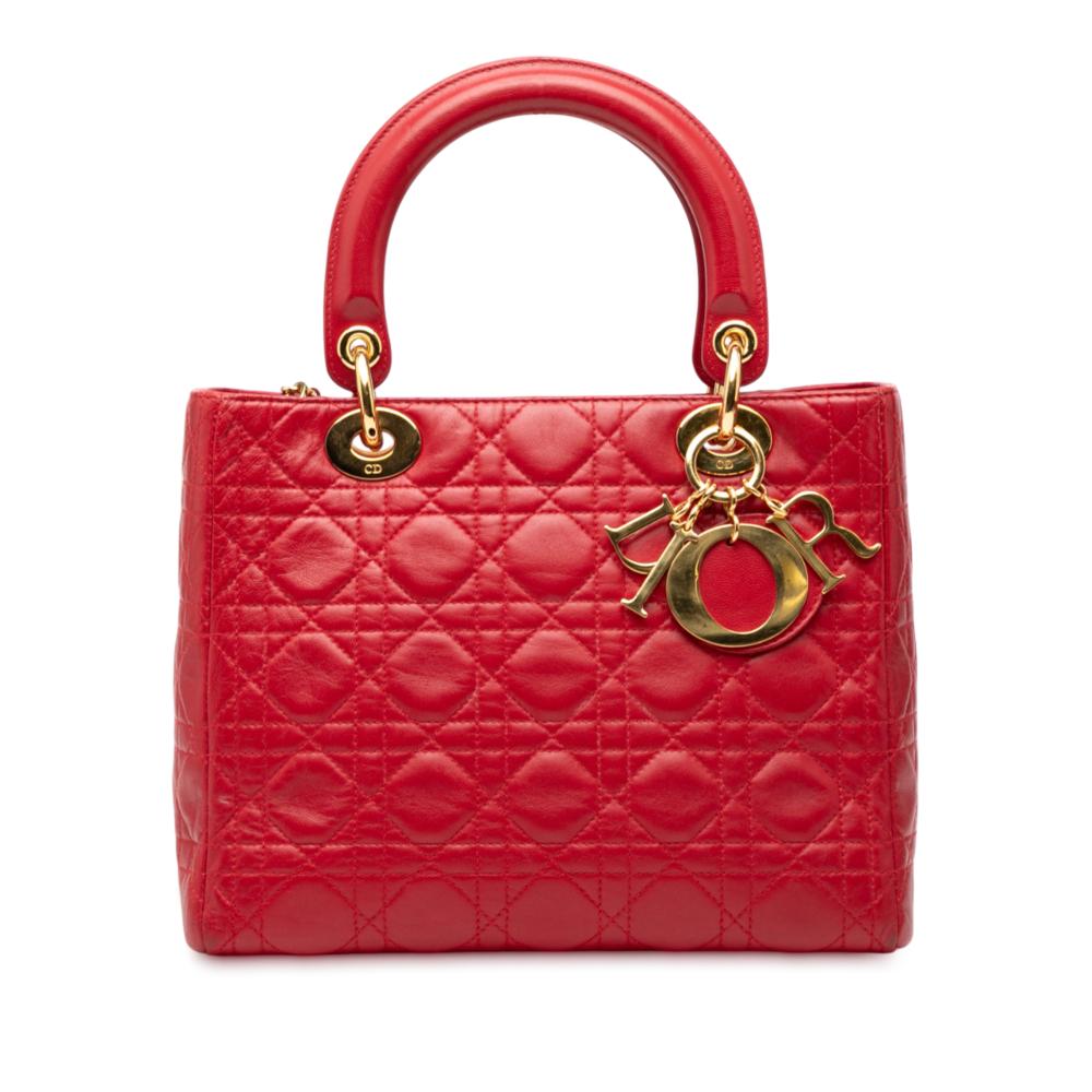 Christian Dior B Dior Red Lambskin Leather Leather Medium Lambskin Cannage Lady Dior Italy