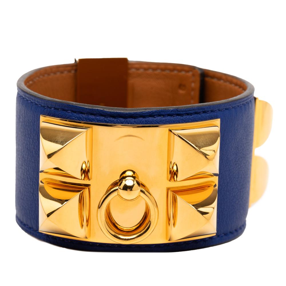 Hermès B Hermès Blue with Gold Calf Leather Swift and Gold Plated Collier de Chien Bracelet France