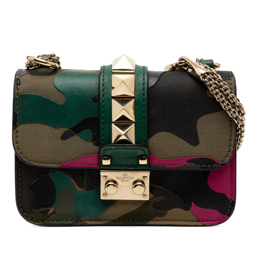 Valentino Green Mini Nappa and Canvas Camouflage Rockstud Glam Lock Crossbody Italy