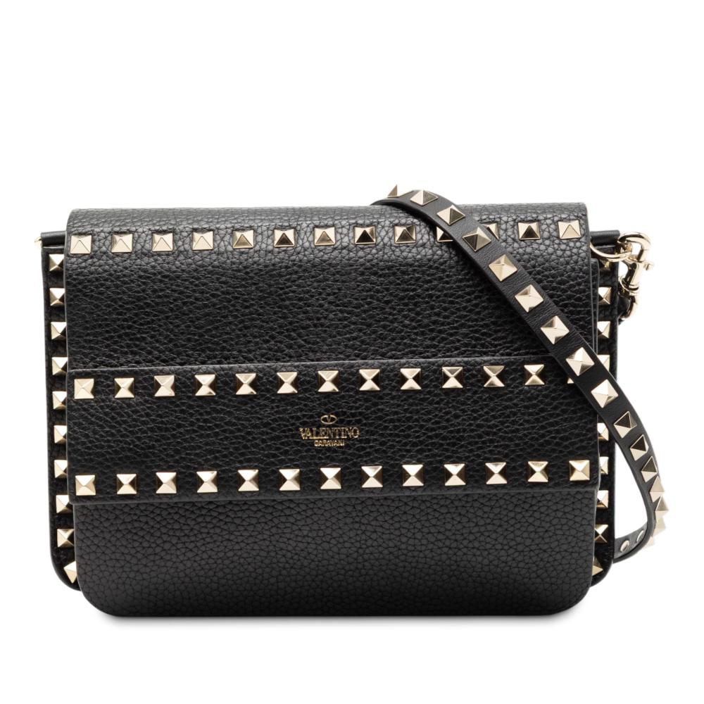 Valentino B Valentino Black Calf Leather Small Grained skin Rockstud Crossbody Italy