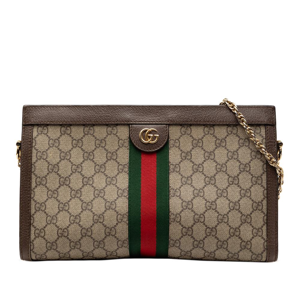 Gucci B Gucci Brown Beige Coated Canvas Fabric Medium GG Supreme Web Ophidia Chain Shoulder Bag Italy