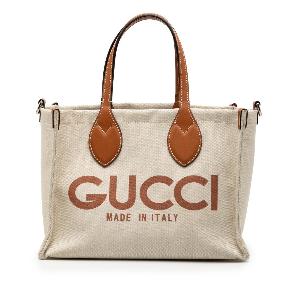 Gucci AB Gucci Brown Beige Canvas Fabric Medium Logo Tote Italy