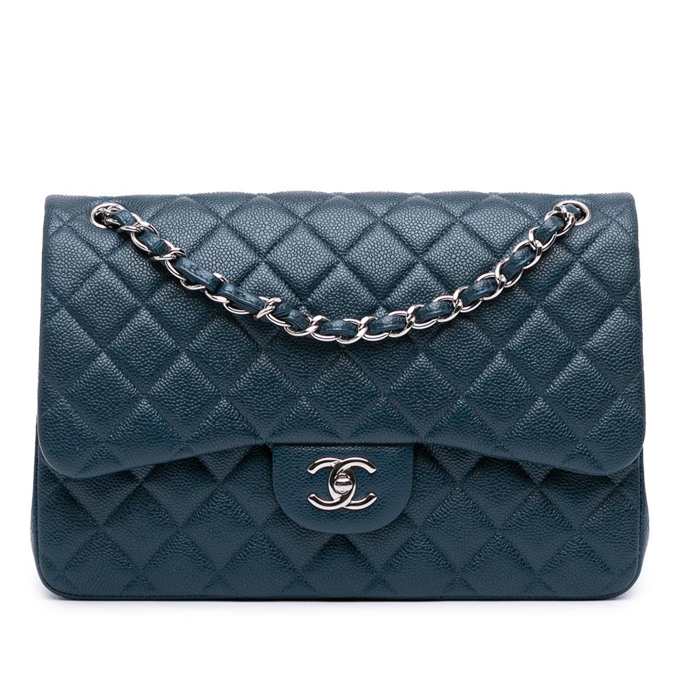 Chanel AB Chanel Blue Peacock Caviar Leather Leather Jumbo Classic Iridescent Caviar Double Flap Italy