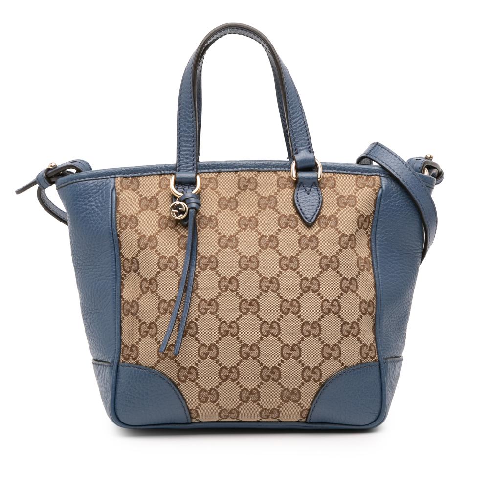Gucci B Gucci Brown Beige with Blue Canvas Fabric Small GG Bree Satchel Italy