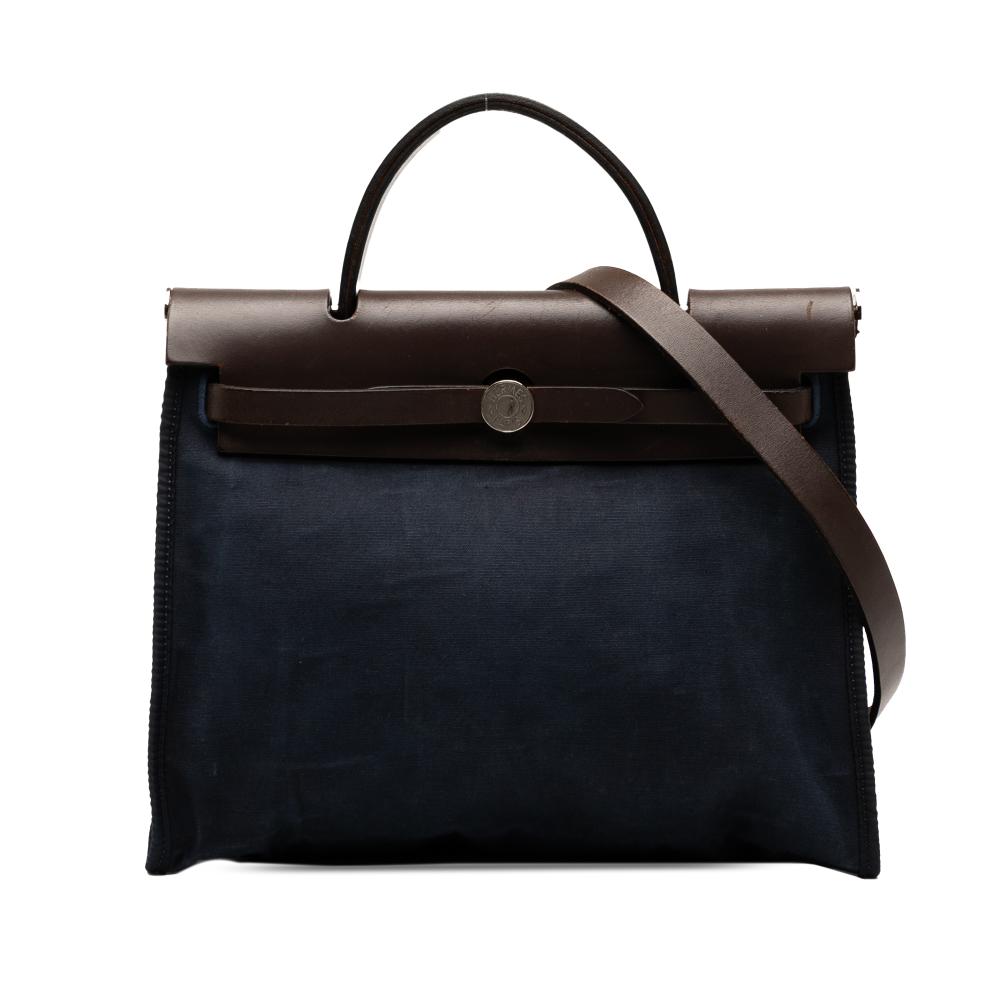 Hermès B Hermès Blue Navy with Brown Dark Brown Canvas Fabric Toile and Vache Hunter Herbag Zip 31 France