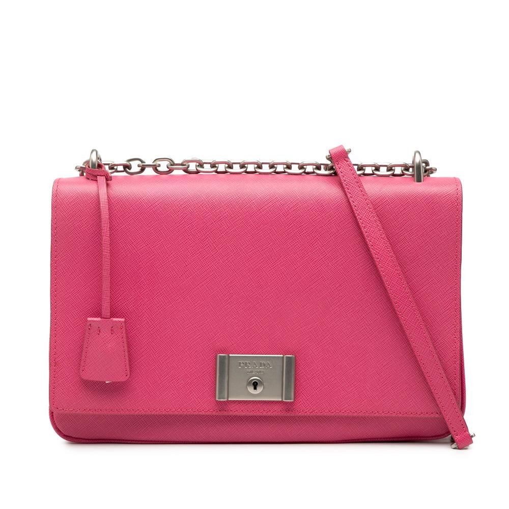 Prada AB Prada Pink Saffiano Leather Lux Lock Chain Flap Italy