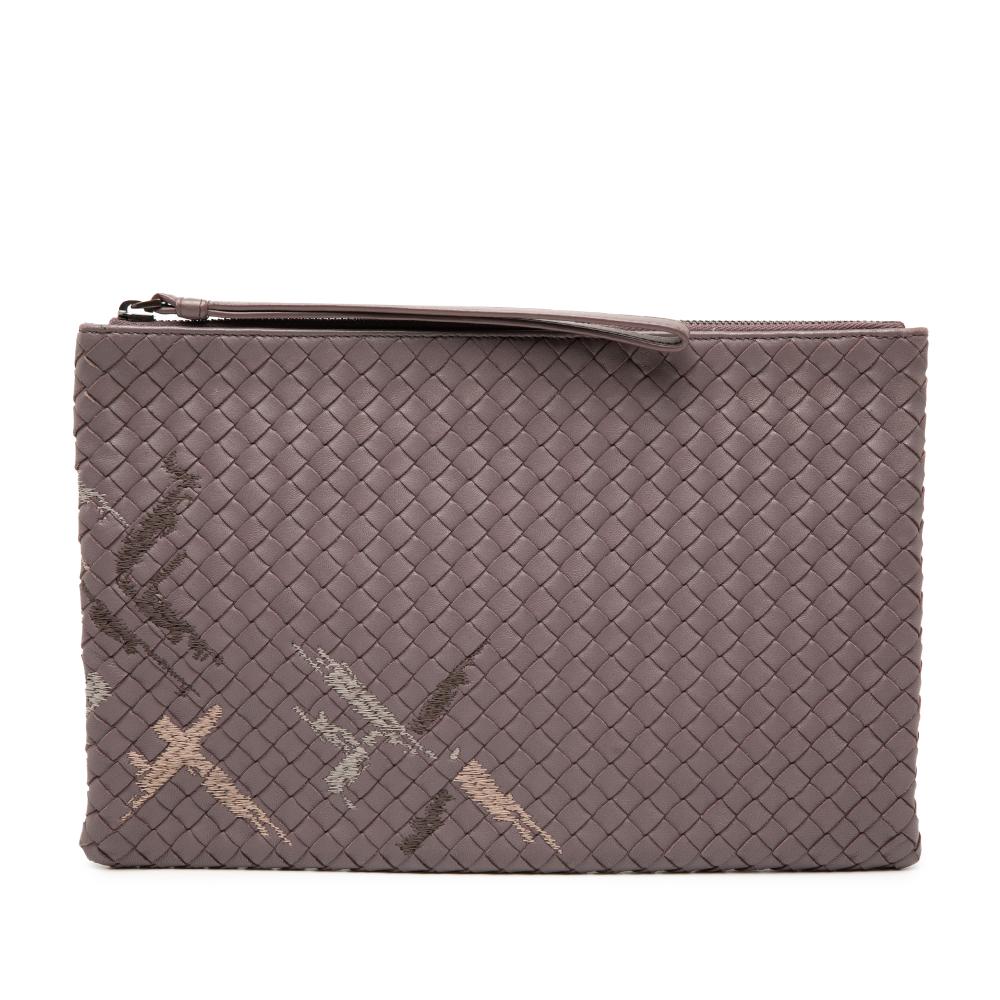 Bottega Veneta AB Bottega Veneta Brown Taupe Nappa Leather Leather Nappa Intrecciato Stitched Clutch Italy