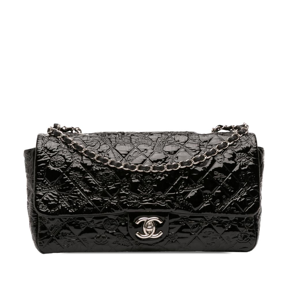 Chanel AB Chanel Black Patent Leather Leather Jumbo Patent Embossed Lucky Symbols Flap Italy