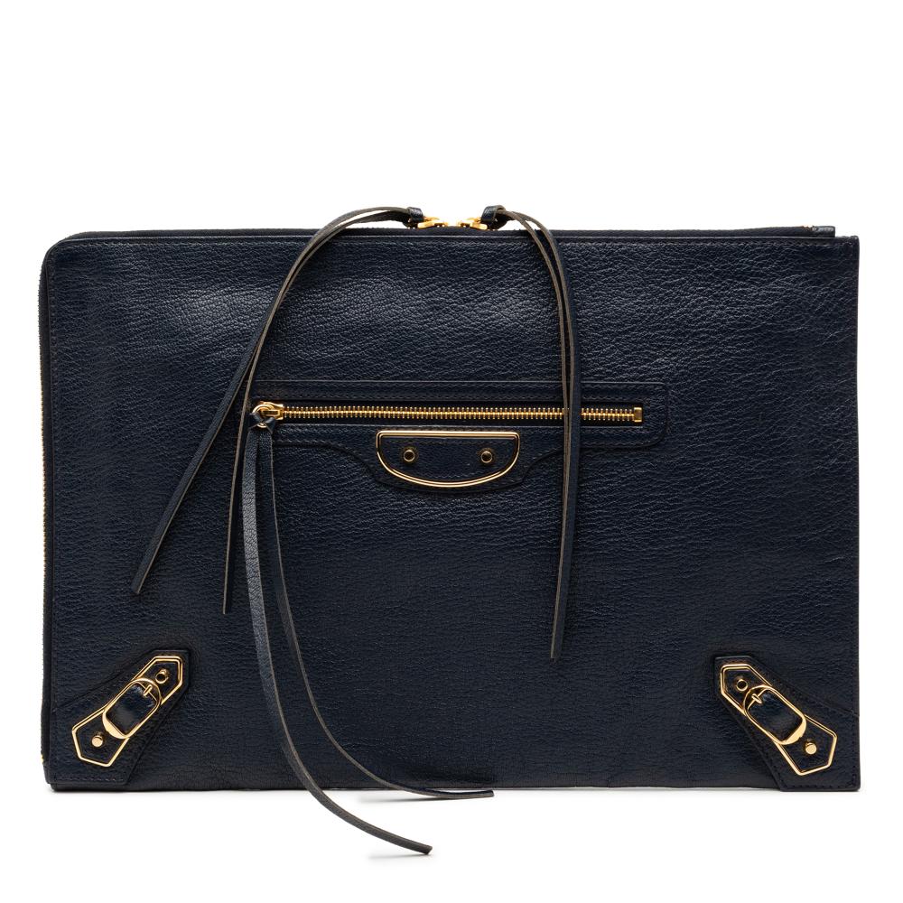 Balenciaga B Balenciaga Blue Navy Goatskin Leather Chevre Motocross Classic Metallic Edge Clutch Italy