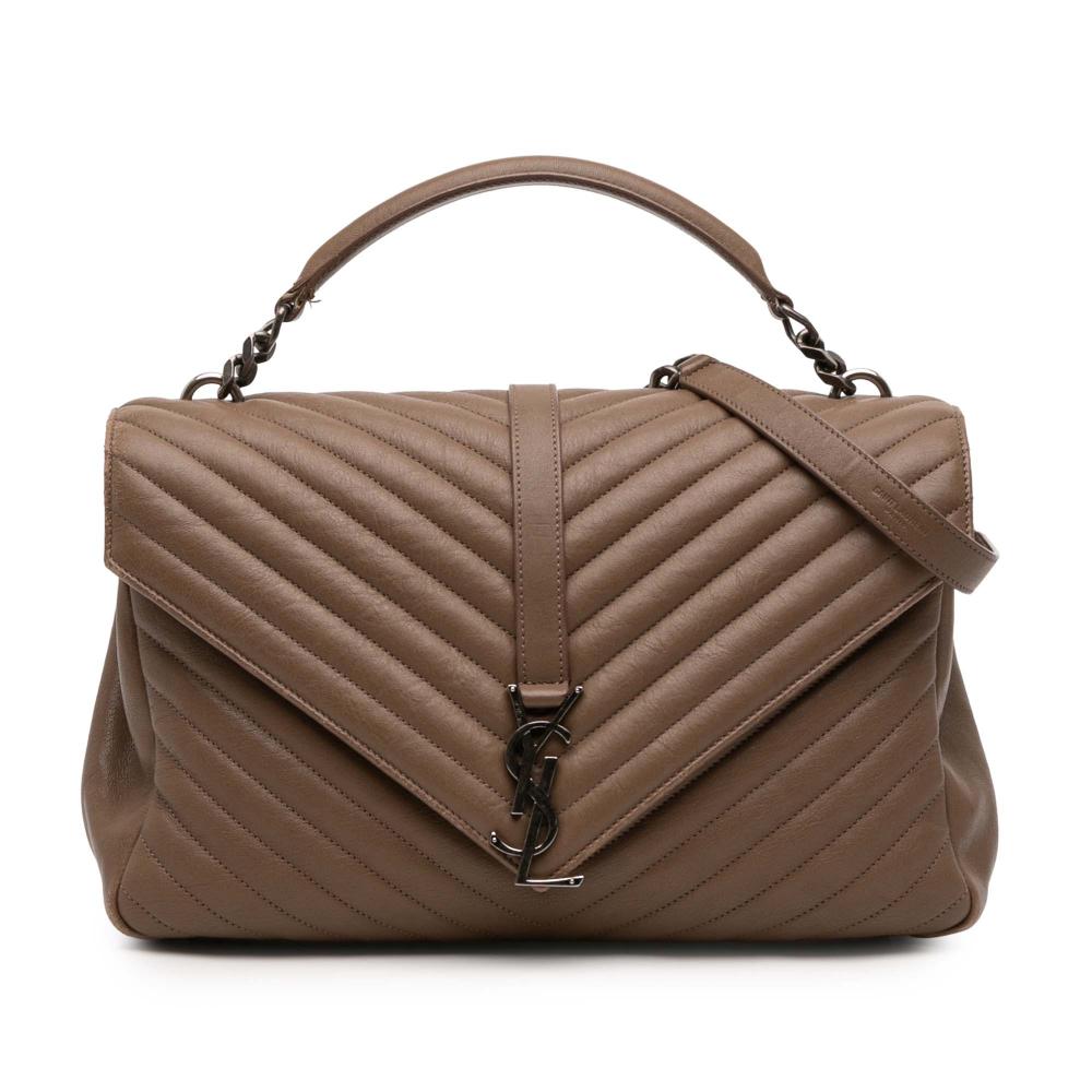 Saint Laurent Brown Sheepskin Leather Leather Large Quilted Chevron Sheepskin College Satchel Italy