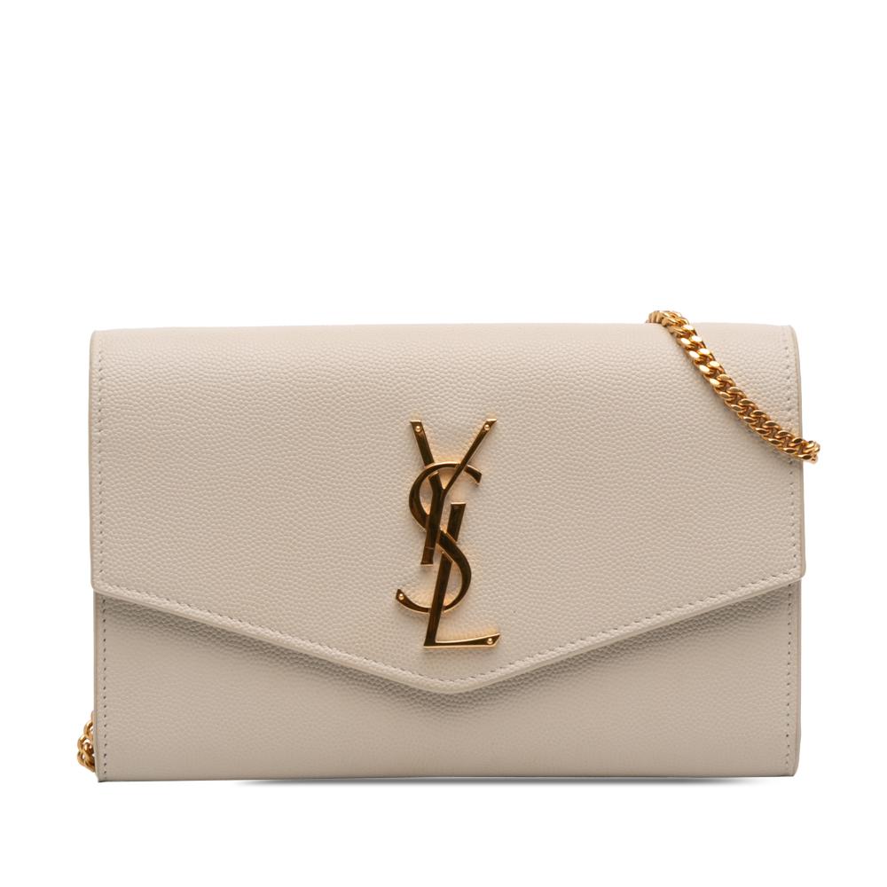 Saint Laurent AB Saint Laurent White Ivory Calf Leather Grain De Poudre Uptown Chain Wallet Italy