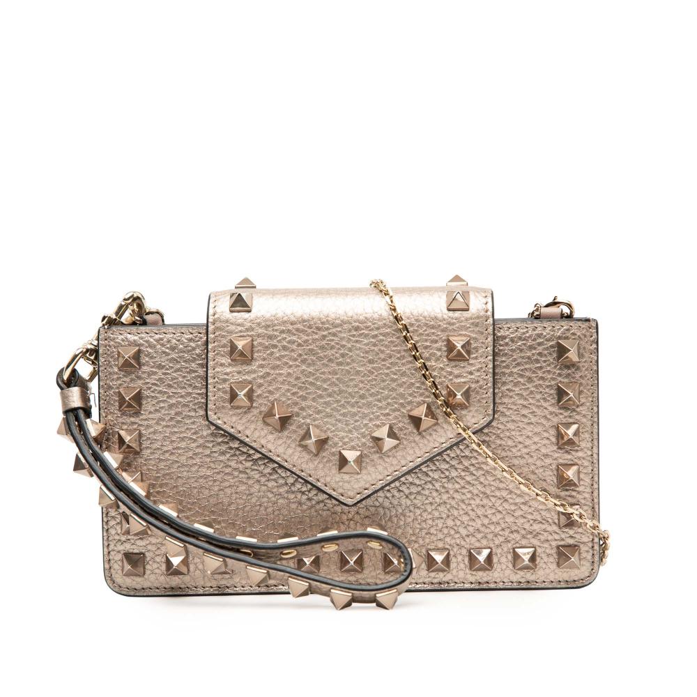 Valentino AB Valentino Brown Bronze Calf Leather Metallic Pebbled skin Rockstud Phone Case with Chain Italy