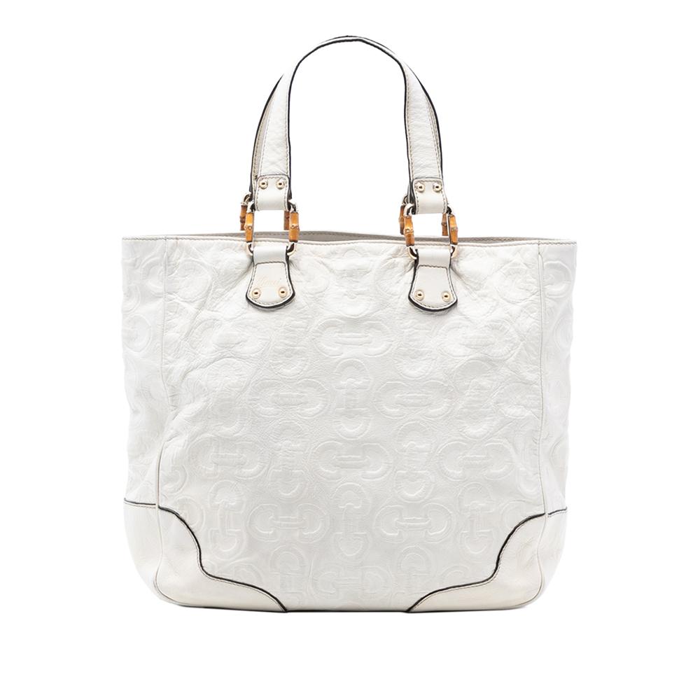 Gucci B Gucci White Calf Leather Bamboo Horsebit Tote Italy