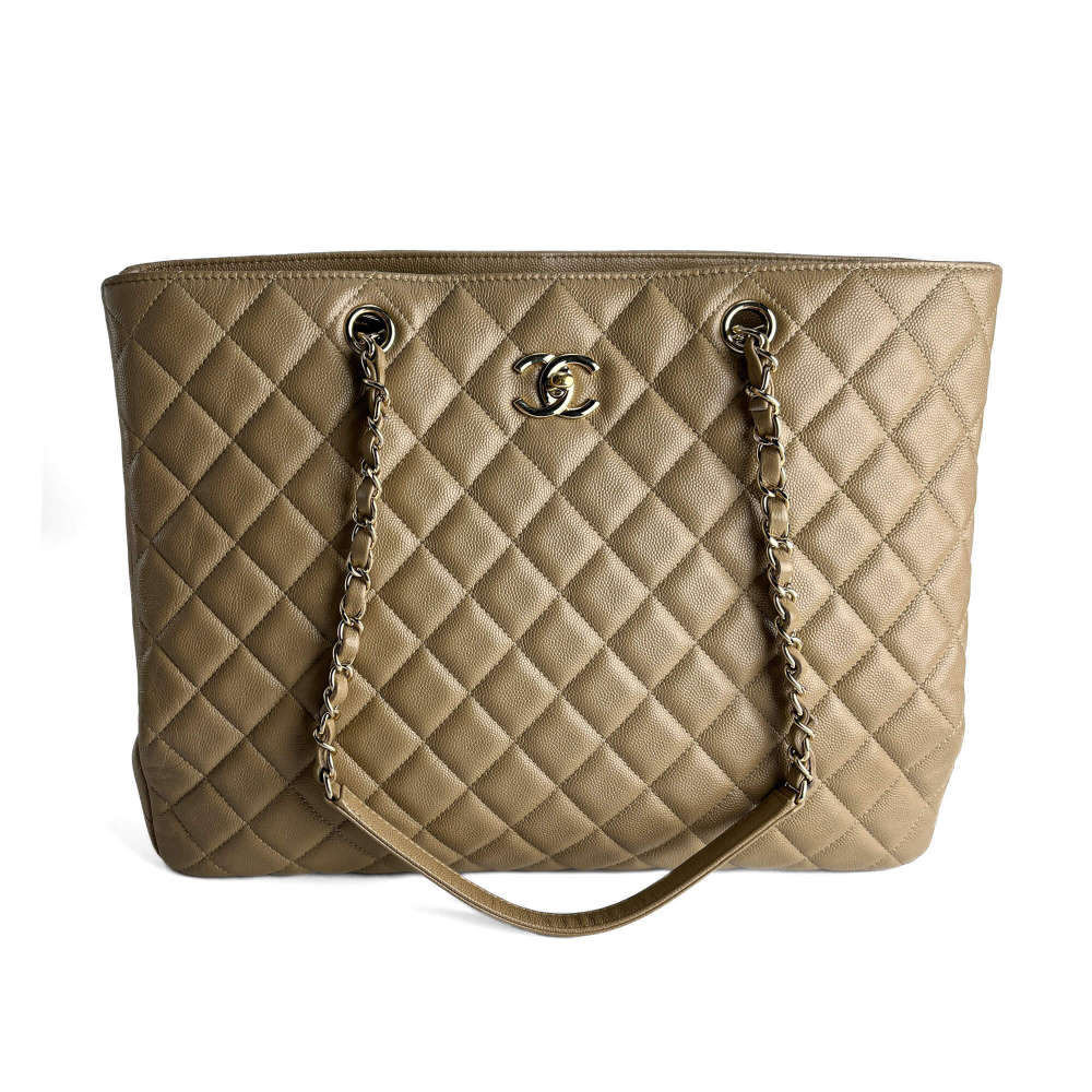 Chanel CC Caviar Leather Matelassè Tote Shoulder Bag Beige
