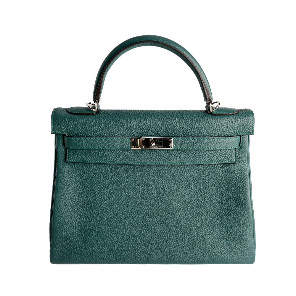 Hermès Kelly 32 Taurillon Clemence Leather Top-Handle Handbag Malachite