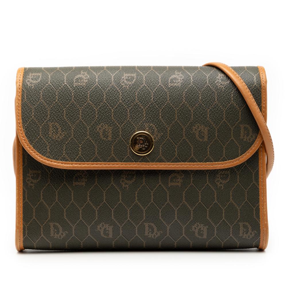 Christian Dior AB Dior Brown Dark Khaki Coated Canvas Fabric Honeycomb Crossbody France