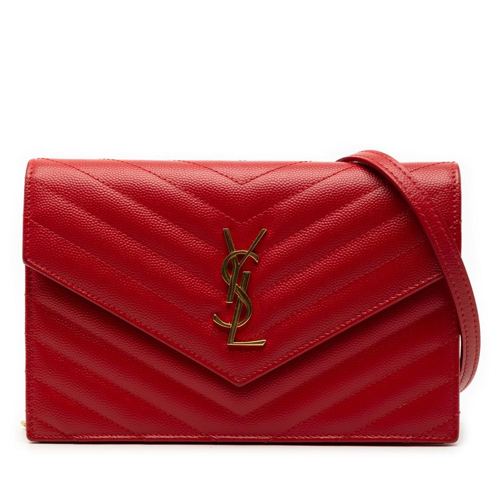 Saint Laurent B Saint Laurent Red Calf Leather Grain De Poudre Matelasse Chevron Monogram Chain Wallet Italy