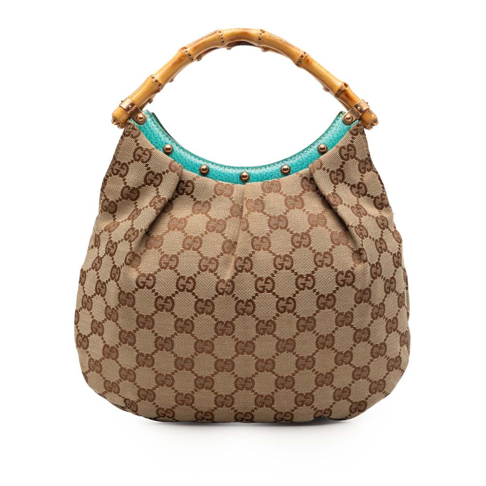 Gucci B Gucci Brown Beige Canvas Fabric Studded GG Bamboo Hobo Italy