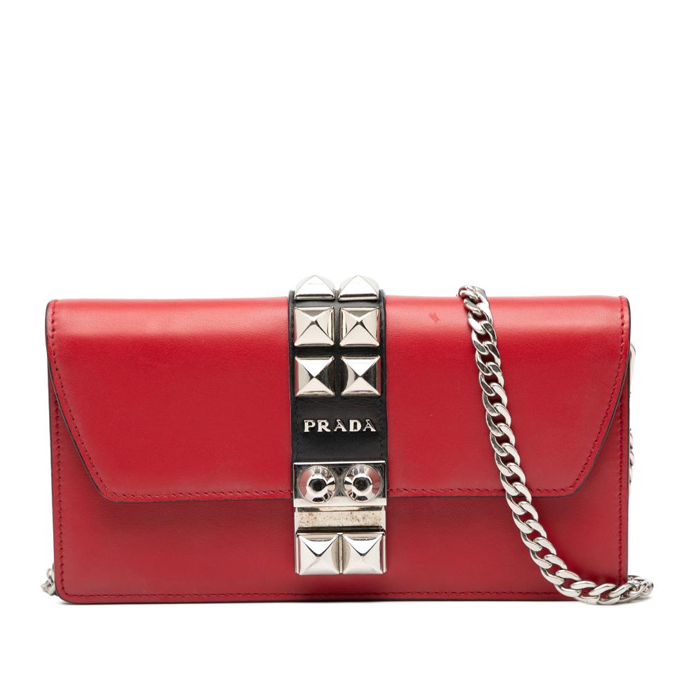 Prada AB Prada Red Calf Leather City skin Studded Elektra Clutch with Chain Italy