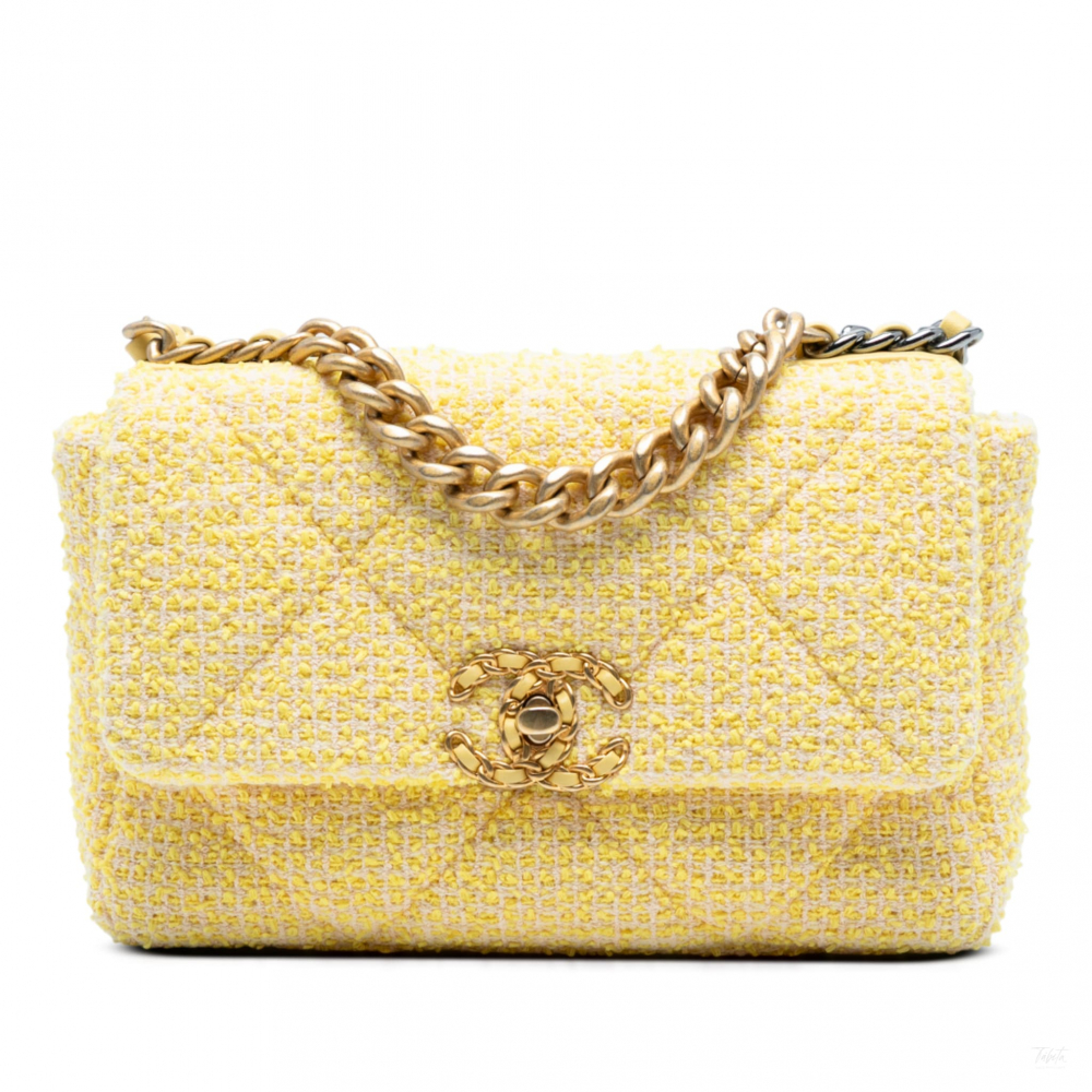 Chanel 19 Medium Tweed Matelassè Flap Handbag Yellow