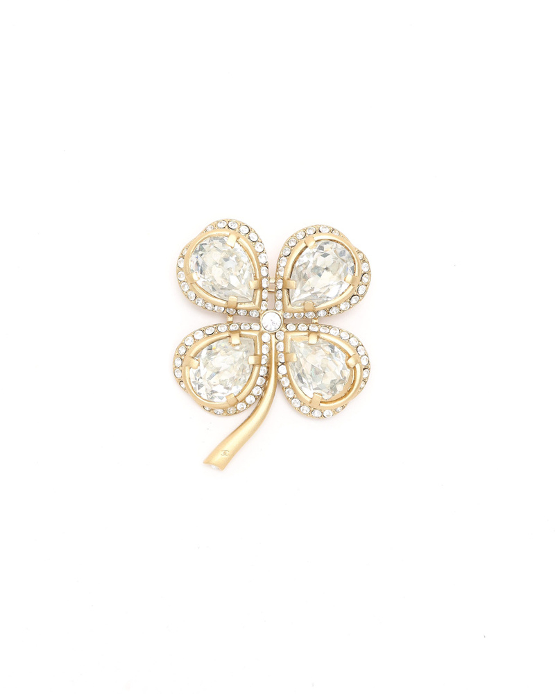 Chanel Crystal Gold Clover Brooch