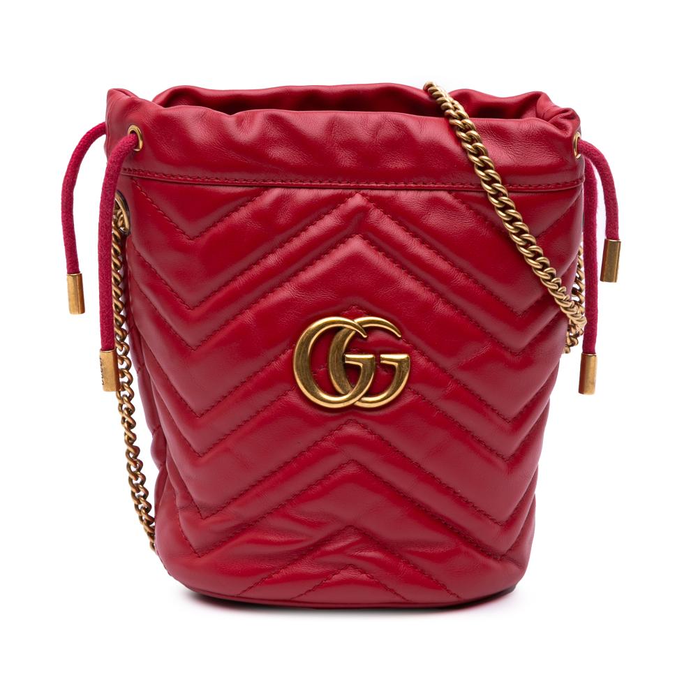 Gucci AB Gucci Red Calf Leather Small GG Marmont Matelasse Bucket Bag Italy